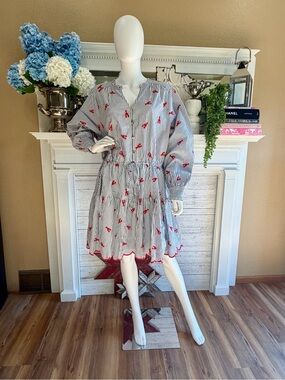 Lands End  Blue Striped Dress with Red lobster Embroidery